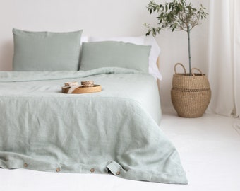 Sage Green Linen Queen Duvet Cover and Pillowcases, Linen King Bedding Set With Buttons, Linen Doona Cover with Shams, Boho Linen Cover Set