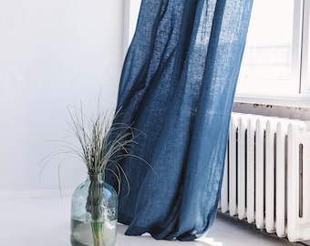 55"/140 Cm Wide Harbour Blue Linen Curtain, Blue Linen Window Drape, Stonewashed Linen Curtain Panel,  Custom Size Linen Curtain