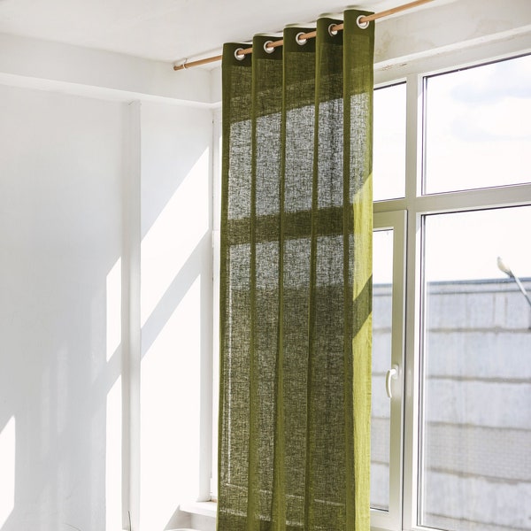 Rideau en lin long de 55"/140 cm de large avec œillets, drapé de fenêtre en lin vert mousse, panneau de rideau à œillets en lin, rideau à œillets en lin