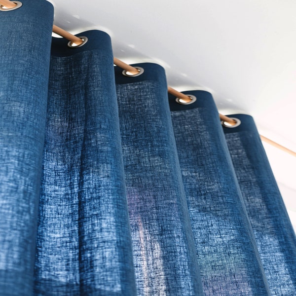 Rideau en lin long de 55"/140 cm de large avec œillets, drapé de fenêtre en lin bleu port, panneau de rideau à œillets en lin adouci, drapé en lin personnalisé