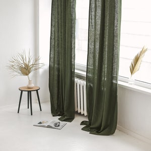 55/140 Cm Wide Dark Green Linen Curtain With Ties top, Green living room bedroom linen drape ,Custom long linen curtain, Linen window panel image 1