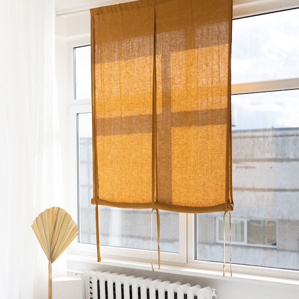 55''/140cm wide Amber Linen Roll Up Blind, Linen Window Blind with Ties, Linen Roller Shades, Linen Noren Drape, Rod Pocket Linen Panel