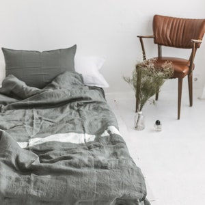 Linen Duvet Cover and Pillowcases, Safari Green Linen Bedding Set, Linen Doona Cover with Shams, Linen Quilt Cover, Queen King Linen Bedding