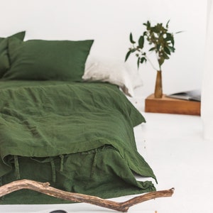 Green Linen Duvet Cover and Pillowcases, Dark Green Linen Bedding Set, Linen Doona Cover with Zippered Shams, Linen Cover Queen King Bedding