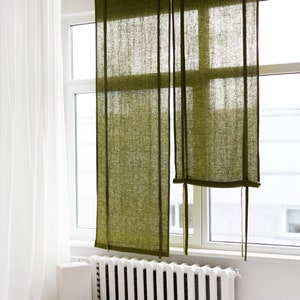 27''/70cm wide Moss Green Linen Roll Up blind, Linen Window Blind with Ties, Linen Roller Shades, Linen Noren Drape, Rod Pocket Linen Panel image 1