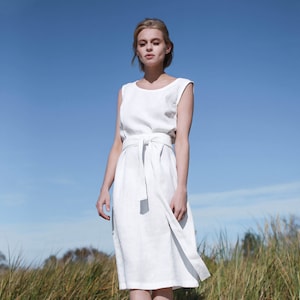 Off White Summer Linen Dress, Tie Belt Midi Linen Dress, White Linen Wedding Dress, White Bridesmaid Linen Dress