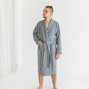 Pigeon Grey Linen Bathrobe For Men, Long Linen Kimono Bath Robe With Belt, Men&#39;s Linen Bath Robe, Gray Linen Robe For Men, Men&#39;s linen robe