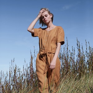 Linen Jumpsuit With Buttons, Short Sleeves Linen Overall, Loose Fit Linen Jumpsuit With Hidden Pockets