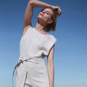 Linen Jumpsuit With Belt, Short Sleeves Linen Overall, Loose Fit Linen Jumpsuit With Hidden Pockets
