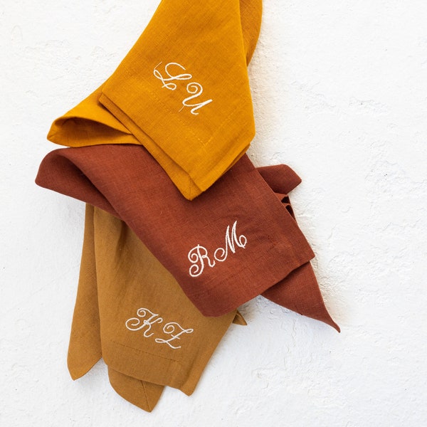 Embroidered Linen Napkins Set, Monogrammed Linen Napkins, Personalized Linen Napkins, Pure Linen Napkin, Stone Washed Linen