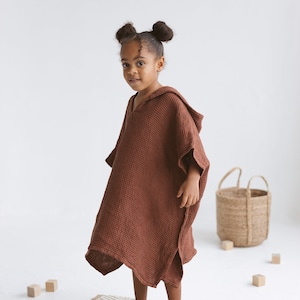 Leinen Strand Poncho Für Kinder, Rost Waffel Leinen Poncho, Baby Poncho mit Kapuze, Waffel Kapuzen Poncho, Leinen Strandtuch für Kinder, Kapuzen Coverup