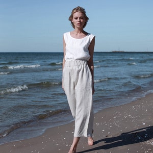 Linen Culottes With Elastic Waistband, Wide Linen Pants with Pockets, Wide Linen Trousers, Wide Leg Linen Trousers, High Waist Linen Pants image 2