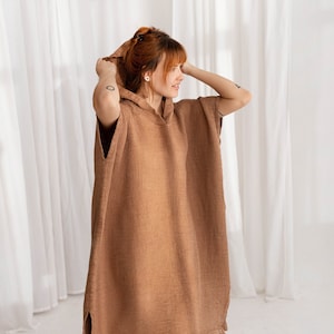 Linen Beach Unisex Poncho, Übergroßer Camel Leinen Poncho mit Kapuze Damen Poncho, Waffel Kapuzen Beachwear, Leinen Strandtuch für Surfer