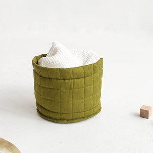 Moss Green Linen Toy Basket for Nursery, Quilted Linen Diaper Storage Bag, Linen Cosmetic Toiletry Organizer, Linen Nursery Caddy Organizer