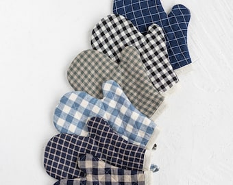 Gingham-linneugnsvante, quiltade köksvantar i olika färger, grytlapp i linne, köksvante i linne, värmetålig ugnsvante