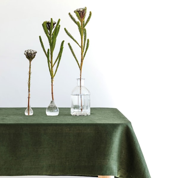 Dark Green Linen Tablecloth, Soft Linen Tablecloth, Linen Handmade Table Cloth, Natural Green Linen Table setting, Natural Linen table cover