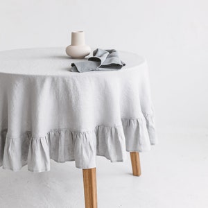 Round Linen Tablecloth With Ruffle,Ruffled Linen Tablecloth, Round Ruffle Linen Table cloth, Round Gray Linen Table Cloth