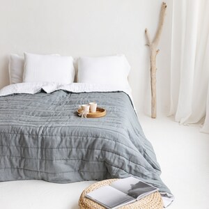 Linen Quilted Bedspread, Grey Linen Bedspread, Linen Quilt, Natural Bed Cover, Linen Bed Throw, Queen Linen Coverlet, King Linen Bed Cover