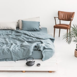 Linen Duvet Cover and Pillowcases, Blue Linen Bedding Set, Linen Doona Cover with Shams, Linen Quilt Cover Set, Queen King Linen Bedding Set