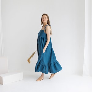 Loose Fit Adjustable Linen Maternity Dress With Straps and Buttons, Linen Breastfeeding Dress With Pockets, Ruffled Plus Size Linen Dress