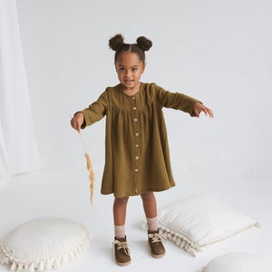 Girls Muslin Dress With Buttons, Olive Green Gauze Dress With Bishop Sleeves, Toddler Cotton Boho Dress, Long Sleeves Muslin Christmas Dress