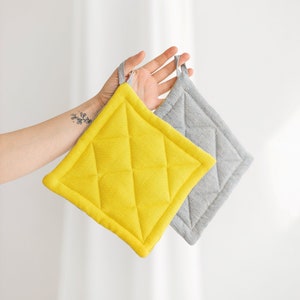 Two Sides Linen Pot Holder, Quilted Linen Pot Holders, Square pattern linen Pot Holder, Mustard Linen Potholder image 2