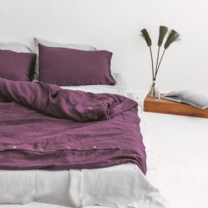 Plum Linen Duvet Cover and Pillowcases, Linen Bedding Set With Buttons, Linen Doona Cover with Shams, Aubergine Linen Cover Set