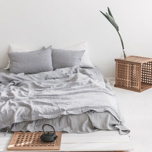 Striped Grey Linen Duvet Cover and Pillowcases, Gray Linen Bedding Set, Linen Doona Cover with Shams, Linen Quilt Cover, Queen King Bedding