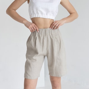 Natural High Waisted Linen Shorts With Elastic Waistband, Linen Bermuda Shorts, High Waist Linen Shorts With Pockets, Summer Linen Shorts