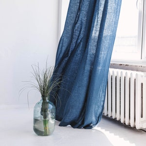 55&quot;/140 Cm Wide Harbour Blue Linen Curtain, Blue Linen Window Drape, Stonewashed Linen Curtain Panel,  Custom Size Linen Curtain