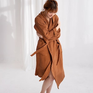 Cinnamon Waffle Linen Hooded Robe, Women Linen Bathrobe With Belt and Hood, Cozy Linen Soft Waffle Bathrobe