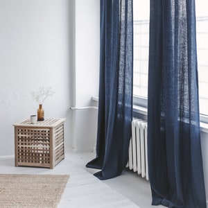 55&quot;/140 Cm Wide Dark Blue Linen Curtain, Blue Linen Window Drape, Stonewashed Linen Curtain Panel, Custom Size Linen Curtain