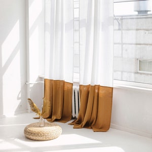 55"/140 Cm Wide Amber Color Block Linen Curtain, Long Linen Window panel in two colors, Color Block Linen Curtain, Bedroom Linen curtain