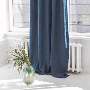 55&quot;/140 cm Wide Blue Linen Curtain With Blackout Lining, White Linen Window Drape,Stonewashed Linen Panel, Custom Size Blackout Curtain