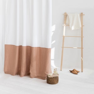 Cortina de ducha de lino blanco, larga, impermeable, con bloques de color, de 183 cm de ancho y resistente al agua, color melocotón.