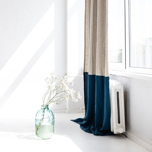 55&quot;/140 cm Wide Color Block Linen Curtain With Blackout Lining, Natural Light Linen Blackout Drape, Linen Blackout Curtain in Two Colours