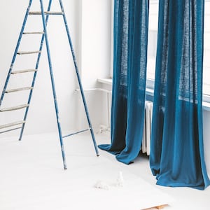 55&quot;/140 Cm Wide Dark Teal Linen Curtain, Blue Linen Window Drape, Extra Long Linen Curtain, Custom Size Linen Curtain