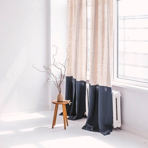 55"/140 Cm Wide Color Block Linen Curtain, Long Linen Window panel in two colors, Custom Color Block Linen Curtain, Bedroom Linen curtain