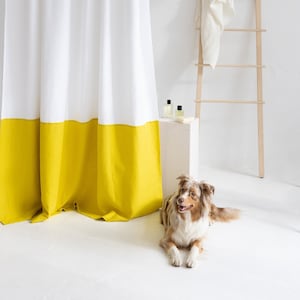 72&quot;/183CM Wide Waterproof Color Block Long White Linen Shower Curtain,Water Resistant Linen Bath Curtain,Yellow Natural Linen Douche Curtain
