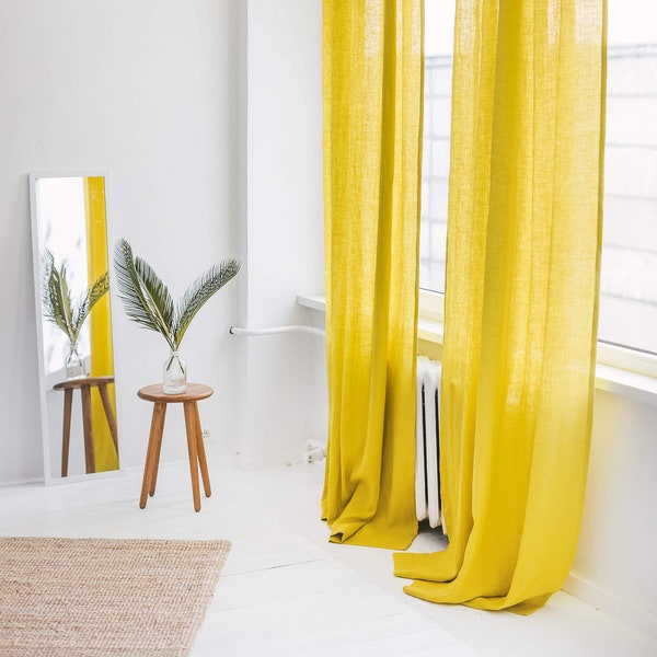 Rideau en lin long jaune de 55"/140 cm de large, drapé de fenêtre en lin jaune, panneau de rideau lavé à la pierre, rideau en lin extra long, rideau de taille personnalisée