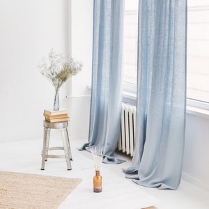 55"/140 Cm Wide Light Blue Linen Curtain, Blue Linen Window Drape, Stonewashed Linen Curtain Panel,  Custom Size Linen Curtain