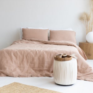 Peach Linen Duvet Cover and Pillowcases, Linen Bedding Set With Buttons, Linen Doona Cover with Shams, Linen Cover Set