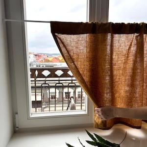 May include: A window with a brown linen curtain partially drawn, showing a cityscape. A large green fern leaf lies on the white windowsill. The curtain is held open by a hand. The window frame is white.