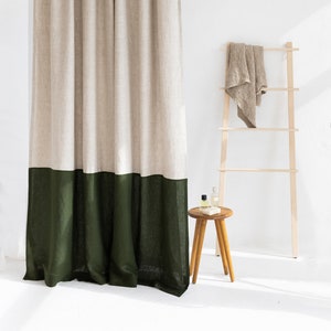 72"/183CM Wide Waterproof Color Block Linen Shower Curtain Extra Long, Water resistant Linen Bath Curtain, Dark Green Linen Douche Curtain