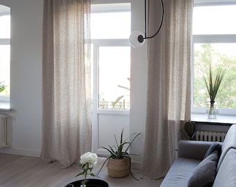 Natural Linen Curtain Panel with Tabs, Wide Window Extra Long Drape