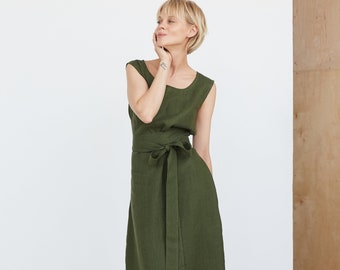 Dark Green Midi Linen Dress, Tie Belt Linen Dress, Green Linen Summer Dress