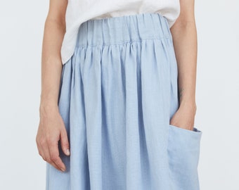 Blue Linen Skirt With Pockets, Midi Linen Skirt With Elastic Band, Knee-length Linen Skirt