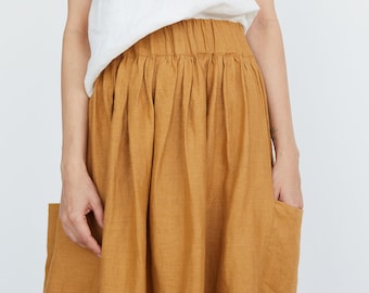 Linen Skirt With Pockets,  Midi Linen Skirt With Elastic Band, Knee-length Linen Skirt