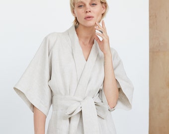 Natural Linen Kimono Jacket, Linen Jacket With Belt, Belted Linen Kimono Jacket