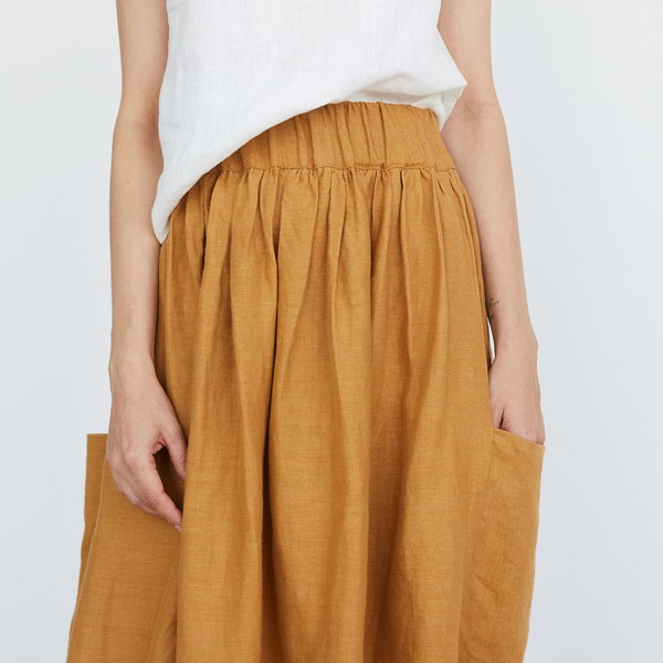 Linen Skirt With Pockets,  Midi Linen Skirt With Elastic Band, Knee-length Linen Skirt